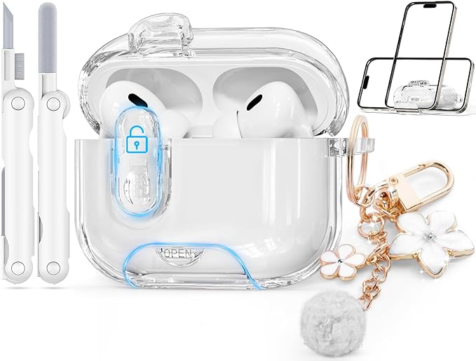 Clear Case for AirPods Pro 3 Case Cover with Safety Lock,Soft TPU Cover with Phone Stand & Cleaning Kit,Cute Bling Keychain for Women Girls-Clear White