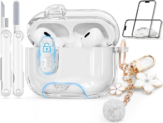 Clear Case for AirPods Pro 3 Case Cover with Safety Lock,Soft TPU Cover with Phone Stand & Cleaning Kit,Cute Bling Keychain for Women Girls-Clear White