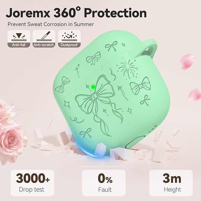 for Airpods 4 Case Cover, Joremx Cute Bow Engraved Silicone Protective Case Cover with Keychain, Cleaner Kit for AirPods 4th Generation Case 2024 (Mint Green)
