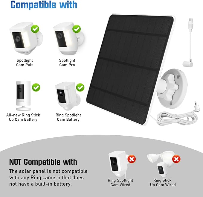 Solar Panel for Ring Camera 2 Pack, 5W Solar Panel Charger Compatible with Ring Stick Up Cam Battery & Spotlight Cam Battery with 9.8ft Cable, IP65 Waterproof, 360° Adjustable Bracket