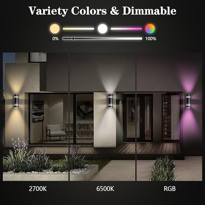 KIZON Smart Porch Lights 2 Pack, Modern Dusk to Dawn Outdoor Wall Lights Color Changing, Dimmable RGB Exterior Sconce Up and Down Light, Outside Lights for House Garage, Works with Alexa, ETL Listed
