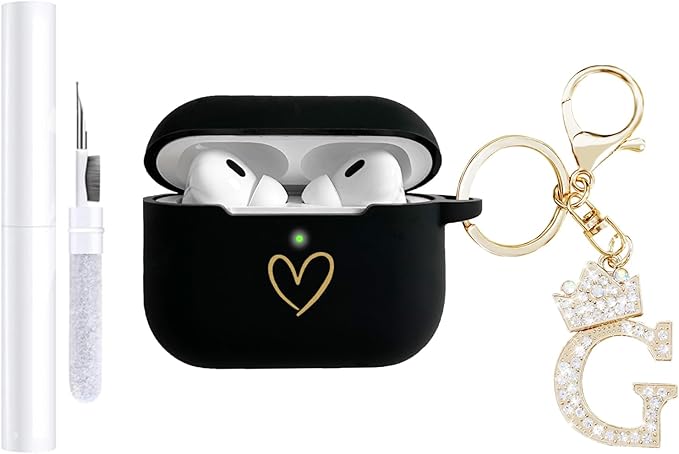 Compatible with AirPods Pro 3 Case Cover (2025), Soft Silicone Case with Gold Heart Pattern for AirPods Pro 3rd Generation Case with Rhinestone Studded Letter A-Z Keychain (G Black)