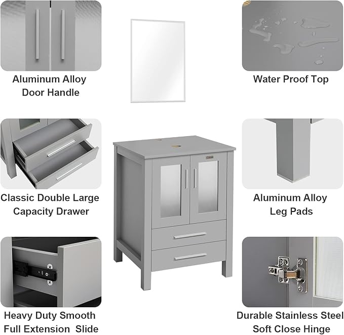 eclife 72" Modern Bathroom Vanity Sink Combo Freestanding Cabinet with Small Side Cabinet, White Shell Ceramic Vessel Sink, Water Save Faucet, Drain (Gray+T54)