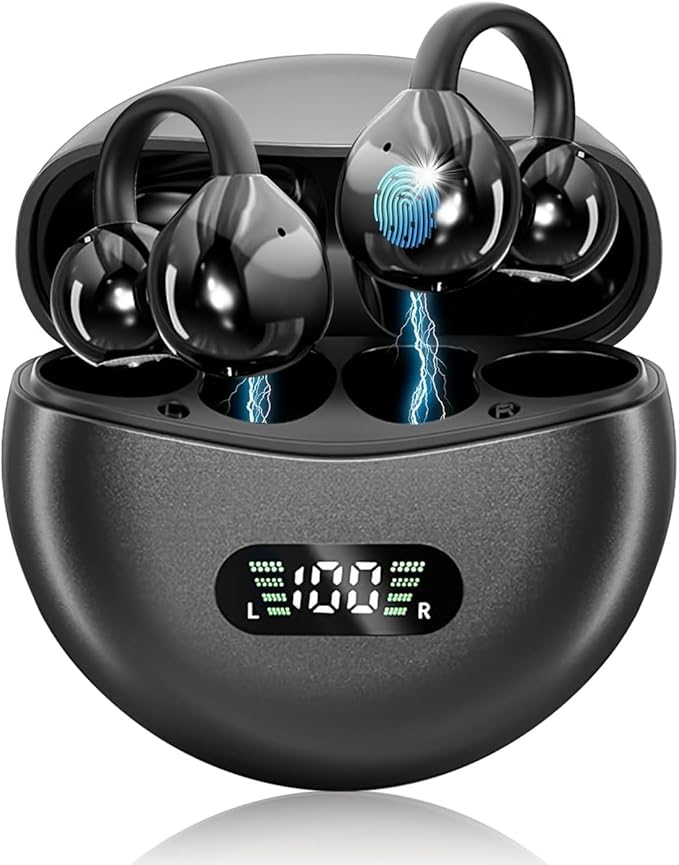 Ear Clip Earbuds Mini Open Ear Headphones Wireless Bluetooth Earphones for Sport Workout Driving Walking Running Compatible with iPhone Android (Black and Grey)