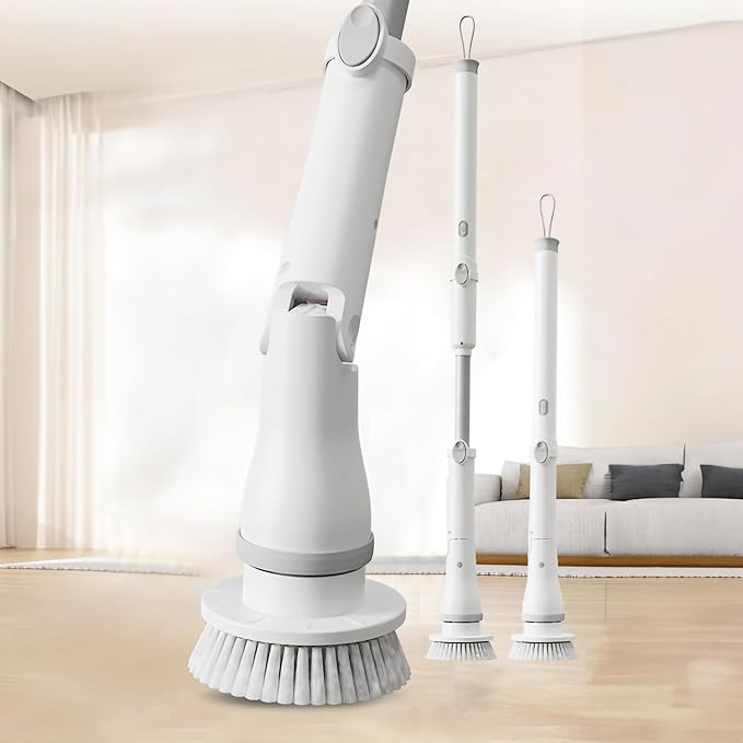 FixtureDisplays® 30-49" Adjustable Electric Spin Scrubber, Cordless Cleaning Brush with Extendable Arm 6 Replaceable Cleaning Heads, Power Shower Scrubber for Bathroom, Tub, Tile, Floor 15757-NPF