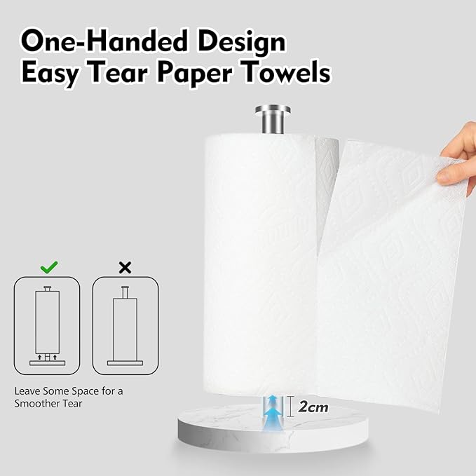 Weighted Marble Paper Towel Holder Countertop, Standing Paper Roll Holder with Non-Slip Base for Kitchen, One-Handed Tear, Elastic Centering Wire (Marble, Stainless Steel)