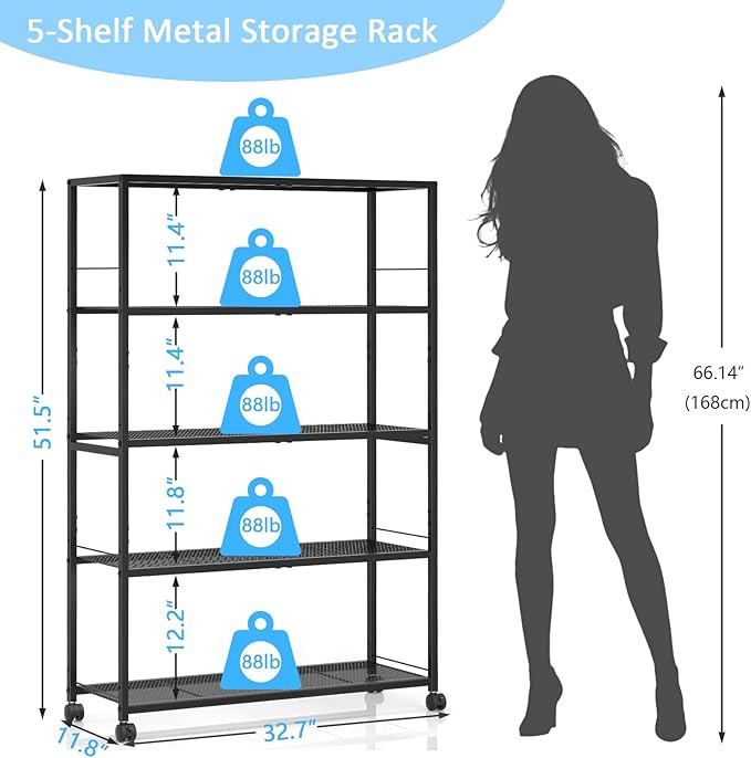 5 Tier Metal Shelving Unit, Storage Shelving with Adjustable Shelves, Extra Wide Metal Storage Rack with Wheels for Kitchen, Garage, Pantry & Closet Organizer, 32.7" L x11.8 D x 51.5" H