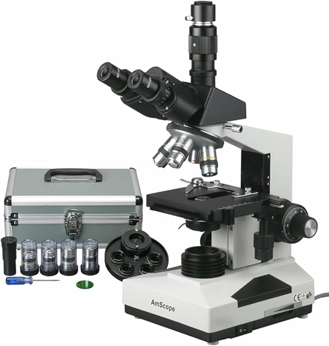 AmScope T490A-PCT Compound Trinocular Microscope with Phase-Contrast Turret, WF10x and WF16x Eyepieces, 40X-1600X Magnification, Brightfield/Darkfield, Halogen Illumination, Abbe Condenser, Double-Layer Mechanical Stage, Sliding Head, High-Resolution Optics