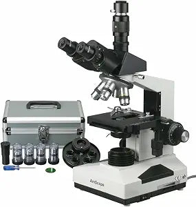 AmScope T490A-PCT Compound Trinocular Microscope with Phase-Contrast Turret, WF10x and WF16x Eyepieces, 40X-1600X Magnification, Brightfield/Darkfield, Halogen Illumination, Abbe Condenser, Double-Layer Mechanical Stage, Sliding Head, High-Resolution Optics