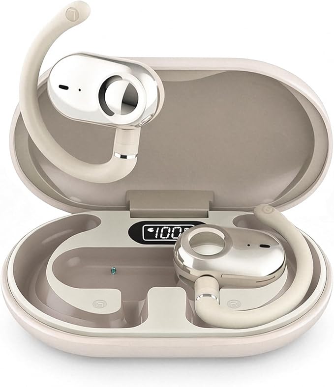 Skin Tone Over Open Ear Earbuds Headphones Bluetooth Wireless Outside Out of Ear Buds Hook for Runners Wrap Around Ears Air Bone Conduction Headsets Workout Sports Eabuds Earphones with Earhooks