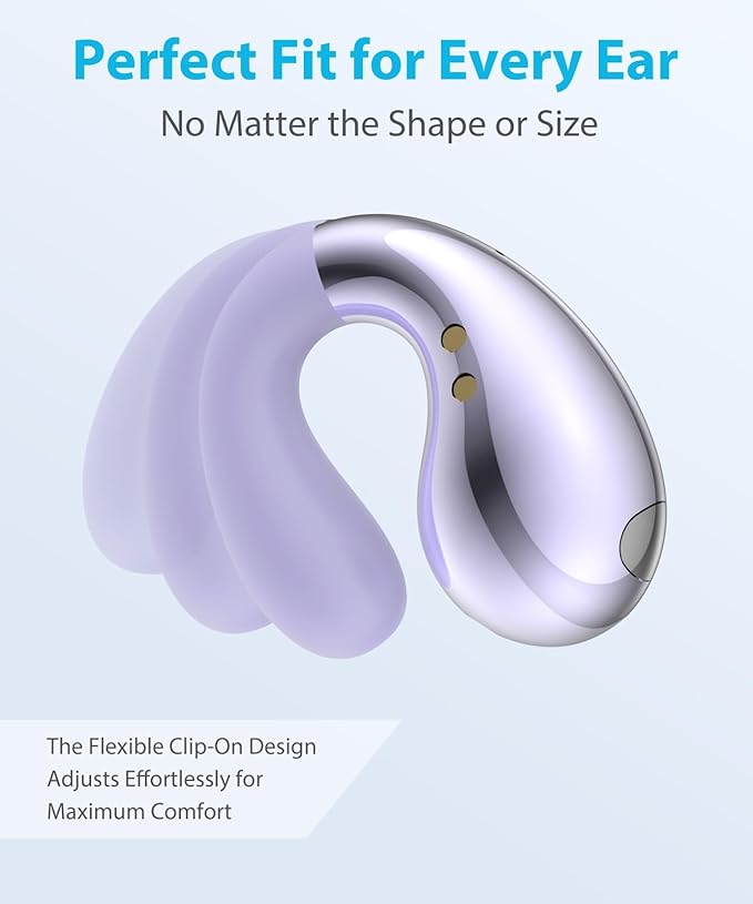 Ultra Open Ear Earbuds - Comfortable Clip-On Bone Conduction Earbuds, Over-The-Ear Open Headphones with Waterproof Build for Running, Gym Workouts, and Outdoor Sports, Purple