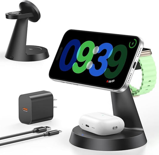 3 in 1 Charging Station for Apple Devices, 15W Fast Qi2 Wireless Charger Stand for iPhone 17 16 15 14 13 12, Watch Charger Stand for Apple Watches & Airpods, Carbon Black