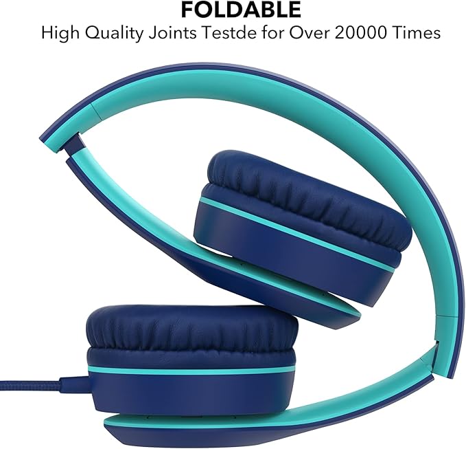 RORSOU K5 Kids Headphones with Microphone for shchool, Volume Limiter 85/94dB, Foldable Stereo Tangle-Free 3.5mm Jack Wired Cord On-Ear Headphones for Children/Boys/Girls/Kindle/Tablet/MP3/4 (Blue)