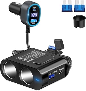 Cigarette Lighter Splitter 12V Plug 2-Socket with PD 65W Port, Car USB Charger Multi Port 300W 12V/24V Adapter with Voltage Display and 15A Fuse for All Car Devices, DC Outlet Car Accessories - Image 1
