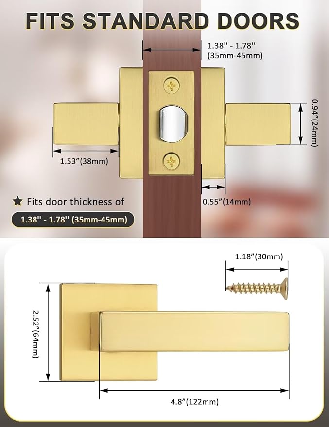 4 Pack Gold Keyless Square Levers Handles, Satin Brass Finish, Interior Passage Door Locksets for Hall Closet Door Knobs Lock Reversible Right & Left Handed