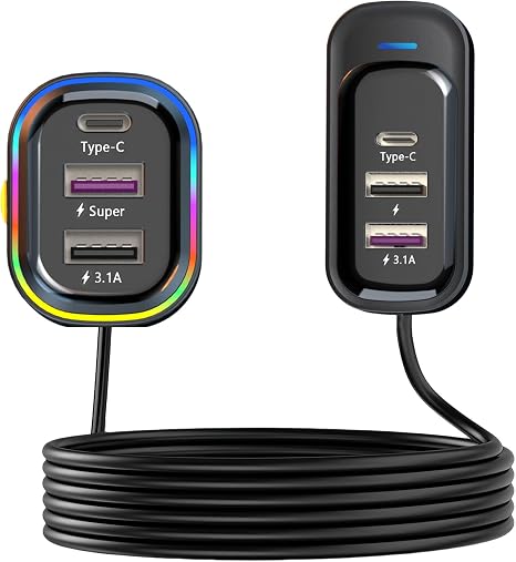 USB C Car Charger, Cigarette Lighter USB Charger, 81W Multiport 6-Port 5FT