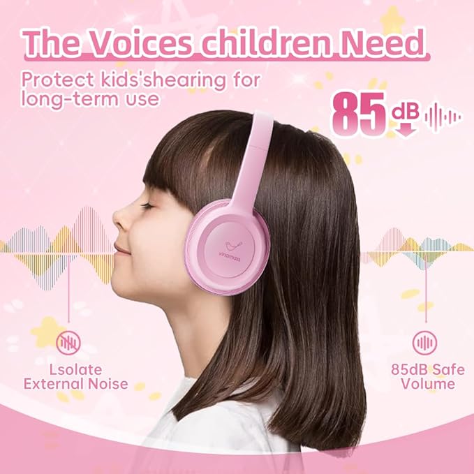 Kids Bluetooth Headphones,Kids Headphones Wireless with 85dB Volume Limiter, 30H Playtime, Adjustable Headband,Over-Ear Headphone for Kid School Online Class Travel(Pink)