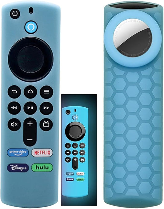 TV Stick 3rd Remote Cover Case with Airtag Holder (Glow in The Dark) Compatible with Fir TV Stick 3rd Gen,Tracker Cover for Tile Sticker 2020,Glow Blue