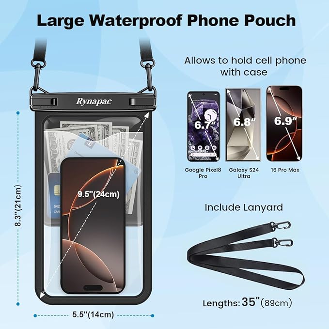 [Up to 10"] Large Waterproof Phone Pouch Bag - 2 Pack IPX8 Waterproof Phone Case for iPhone 17 16 15 Pro Max Galaxy S26 S25 Ultra, Touchscreen & Underwater Photography, Beach Cruise Travel Essentials