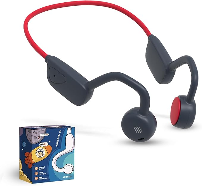 Kids Bluetooth Headphones, Air Conduction Open-Ear Headphones, Mic/Touch, 85dB Safe Volume & Parental Control, Clear Audio, 1.06oz, Rugged & Durable, IP54, 20H, Earbuds for School/Travel - Navy Red