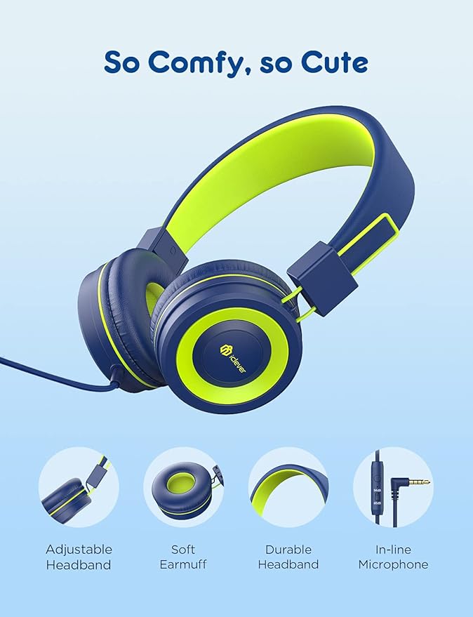 iClever Kids Headphones with Microphone, 85dB/94dB Volume Limited, Stereo 3.5mm Jack, Tangle-Free Wired Headphones for Boys/Girls/School/Travel/iPad, Green