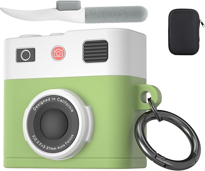 Valkit Compatible Airpods 4 Generation Case with Cleaner Kit, Cute 3D Camera Design Airpods 4 Case Cover with Keychain Shockproof Protective Soft Silicone Case for Airpods 4 Gen for Men Women(Green)