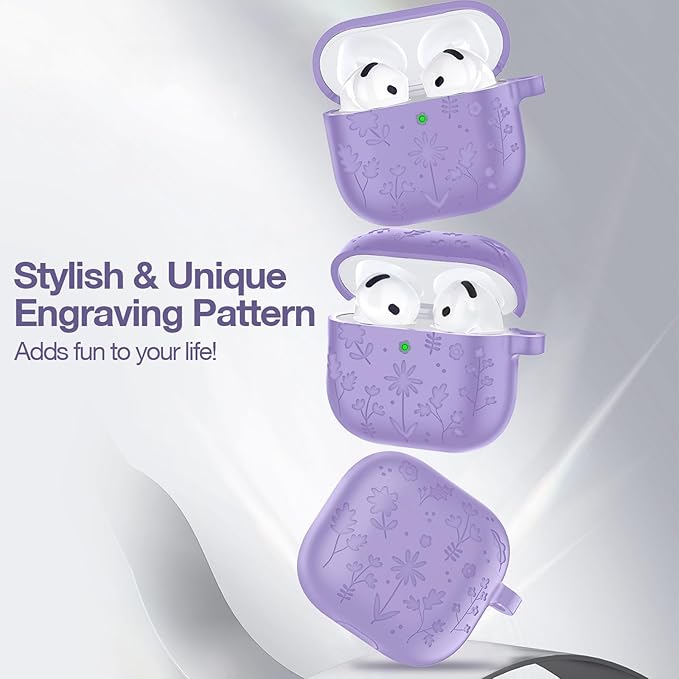 Compatible with AirPods 4th Generation Case Cover with Cleaner Kit, Flower Engraved Silicone Shockproof Protective Skin Cover for AirPods 4 Case 2024 with Keychain, Purple