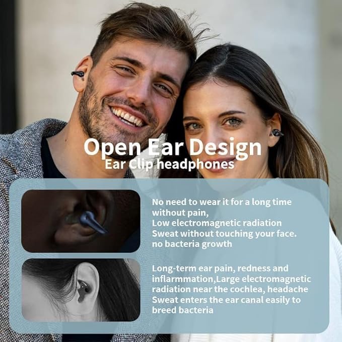 Open Ear Bone Conduction Headphones Bluetooth 5.3 Wireless Clip On Earbuds with Digital Display Charging Case 60 Hours Playtime Sport Earphones Built-in Mic IPX7 Waterproof for Running Fitness