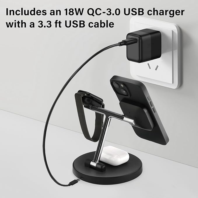 3 in 1 Charging Station for Apple Devices,Magsafe Wireless Charger for iPhone 16/15/14/13/12 Series,& AirPods,& iWatch- Ideal for Nightstand or Desk(18W USB-C Charger Included)