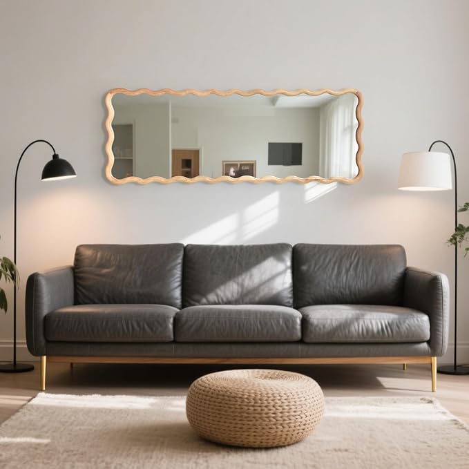 18"x48" Long Irregular Wavy Full Length Wall Mirror, Wood Framed Full Body Floor Mirror Leaning Against Wall for Dressing Bedroom Living Room Cloakroom Horizontal or Vertical Hanging Nature