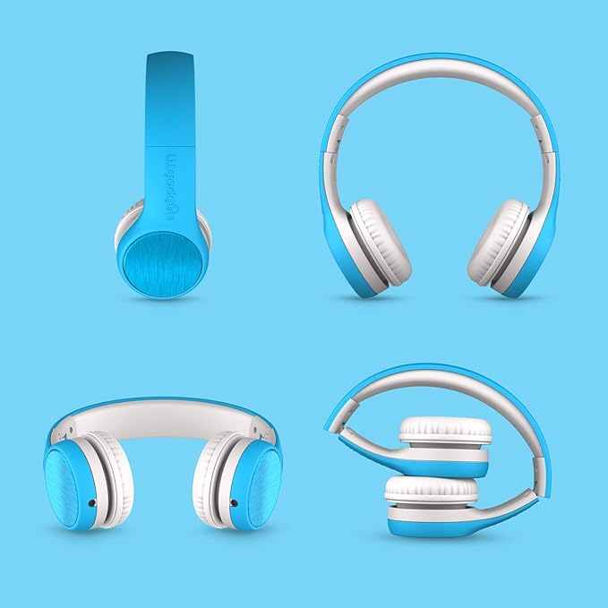 LilGadgets Connect+ Style On-Ear Kids Headphones with Microphone - SharePort Technology, SoftTouch Padding, Detachable Cable, Volume Limiting, Durable & Adjustable - Blue