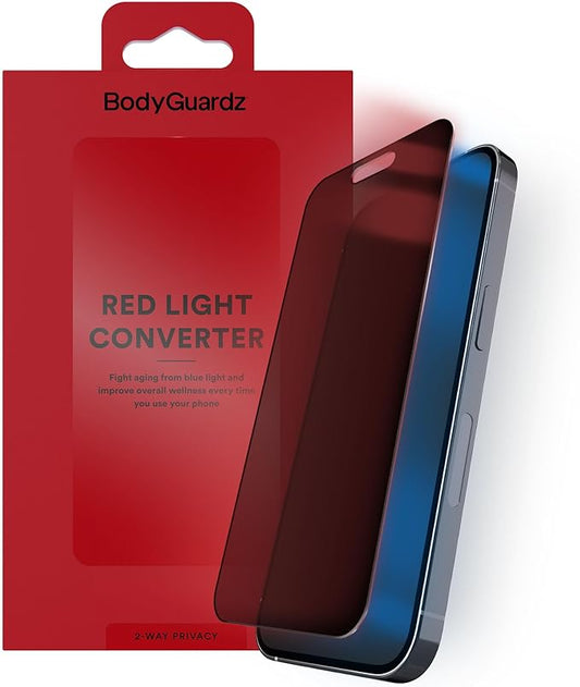 BodyGuardz Red Light Converter Privacy Screen Protector – Passive Red Light Therapy for Face - Promotes Better Sleep, Healthier Skin, Reduced Eye Strain - Privacy Glass, Easy Install (iPhone 14 Pro)
