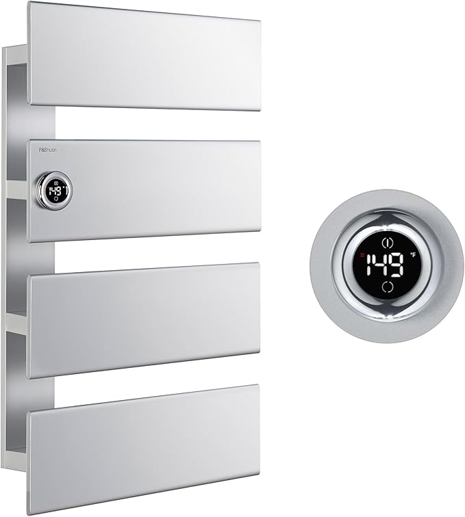 P&Bhusri Electric Heated Towel Rack, Silver Towel Warmer with Adjustable Temperature (98–149°F) and Timer (1-24h, On), Fast Heating and Drying for Bathroom, Memory & Remote Control Compatible