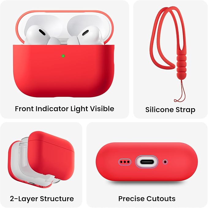 ORNARTO Compatible with AirPods Pro 3 Case 2025, Full Protective Hybrid Silicone for AirPods Pro 3rd Generation Case, Front LED Visible Skin Cover-Red