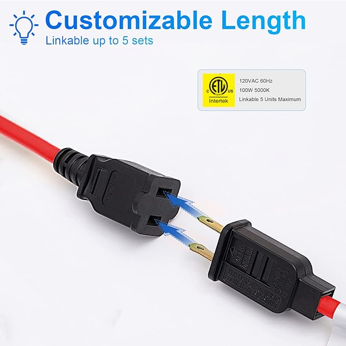 Construction Lights String Temporary Lighting,100ft Work String with 10 Integrated Jobsite LED Lights 10000LM Super Bright, Carabiner Hooks-10 Bulbs Red
