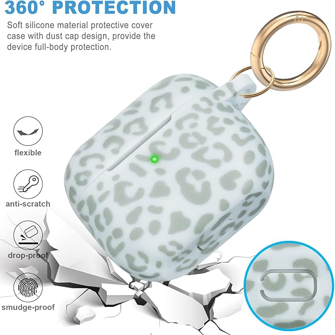 Silicone Leopard Compatible with AirPods 3 Case 2021, Gawnock Soft Case Compatible with AirPods 3rd Generation Floral Print Cover for Women Girls with Keychain (Light Green Leopard)
