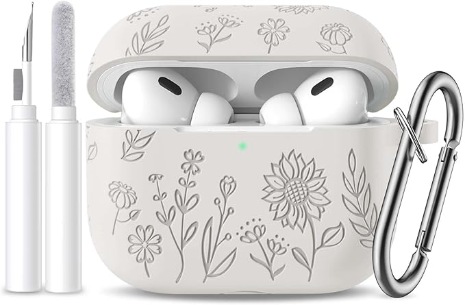 Flower Engraved Case for AirPods Pro 2 Gen with Clean Kit & Keychain, Soft Silicone Protective AirPods Pro 2 Case Cover for Apple AirPods Pro 2nd/1st Generation,Front LED Visible, Starlight