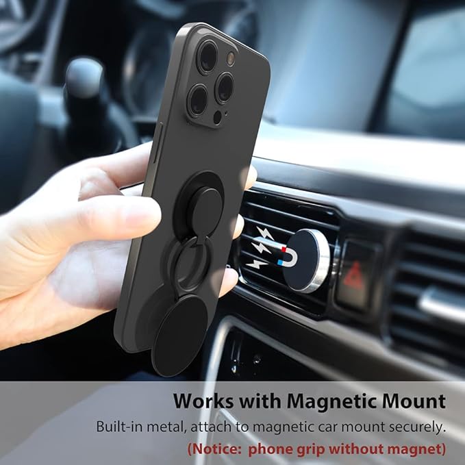 Phone Grip, Phone Ring Holder Finger Kickstand, 360°Rotation & Adjustable Metal Cell Phone Rings Gripper Stand Work with Magnetic Car Mount for iPhone Samsung & Other Phones - Black