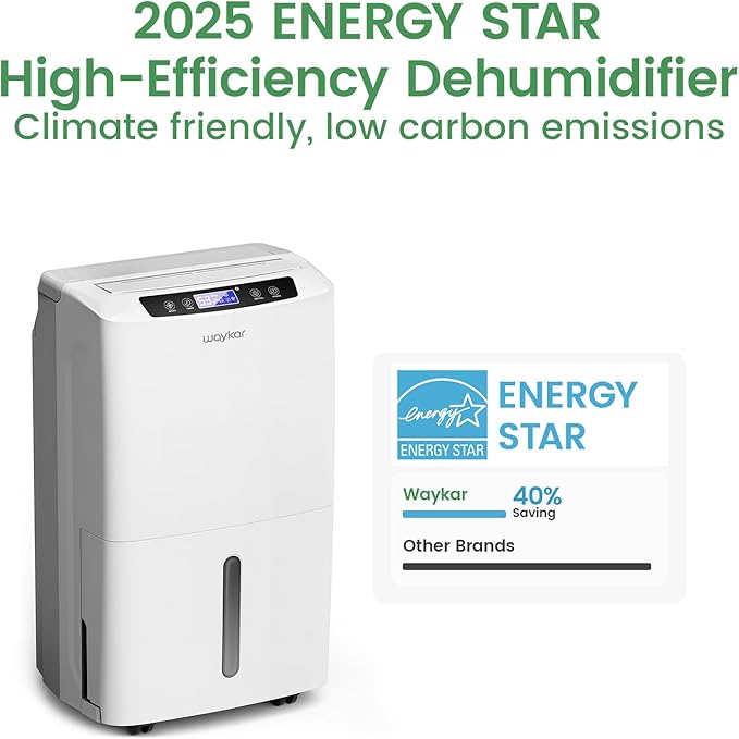 Waykar 2000 Sq. Ft. 2025 Energy Star Dehumidifier for Home and Basements, with Auto or Manual Drainage, 0.66 Gallon Water Tank Capacity