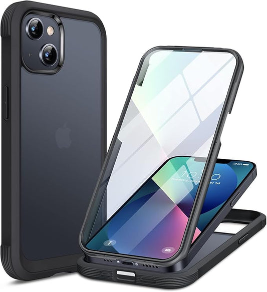 Miracase Glass iPhone 13 Case 6.1 inch, 2021 Upgrade Full-Body Clear Bumper Case with Built-in 9H Tempered Glass Screen Protector for iPhone 13,Matte Black