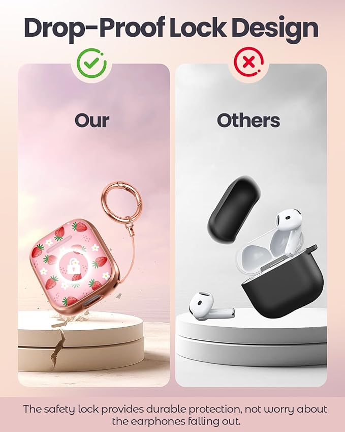 Coralogo for AirPods 2/1 Case with Safety Lock - Cute Cartoon for AirPods 1st/2nd Generation for Women Girls Fashion Stylish Strawberry Pattern Design Kawaii Girly Girlish Hard Protective Cover