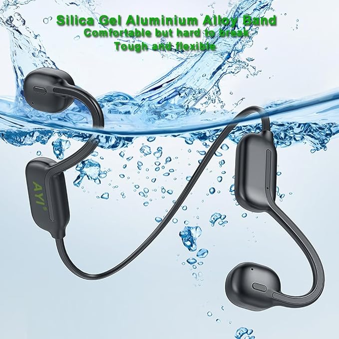 AYI Professional Swim Headphones True Bone Conduction Open Ear Headset MP3 Player Built-in 32G Memory IP68 Underwater Waterproof Bluetooth Earphone for Driving Bicycling Running Skiing-CS05 Black