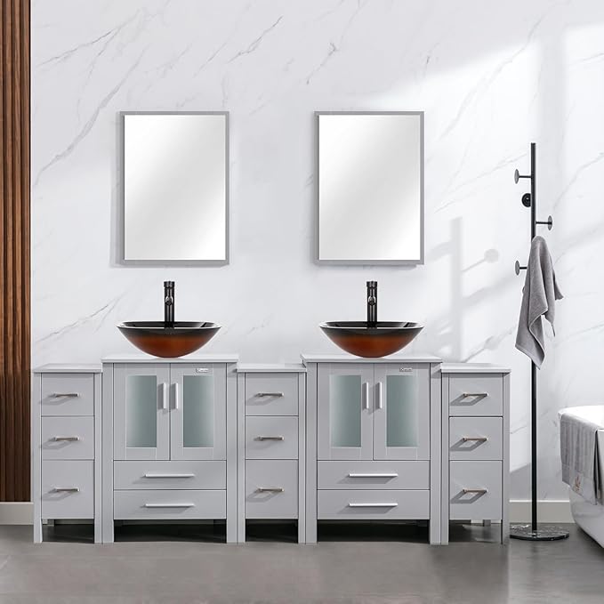 eclife 84" Modern Bathroom Vanity Sink Combo Freestanding Cabinet with Small Side Cabinet, Brown Square Glass Vessel Sink, Water Save Faucet, Drain (Gray+A48)