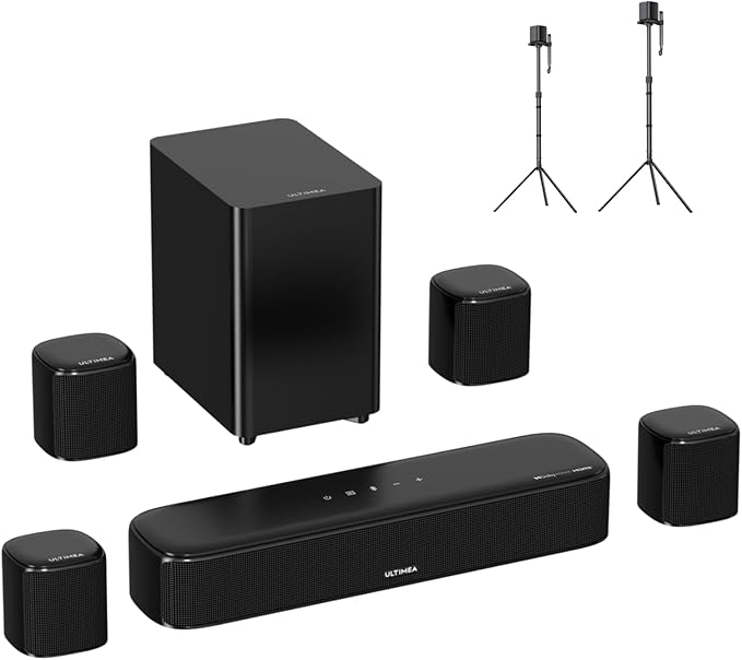 ULTIMEA 7.1CH Sound Bar with Dolby Atmos, Bundle with Adjustable Speaker Stands Pair, Compatible with Aura/Poseidon/Skywave Series, 350W Home Theater System for Smart TV