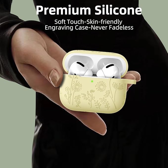 Lerobo for Airpod Pro 2 Case/Airpod Pro Case Cover, Flower Engraved Cute Silicone Skin Full Protective Cover Compatible with Apple Airpods Pro 2nd/1st Generation Case with Keychain, Cream Yellow