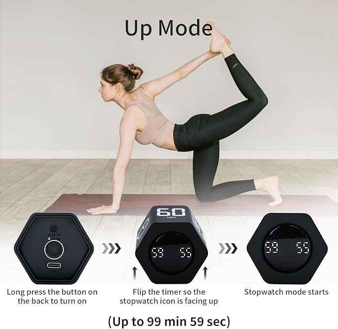 Productivity Timer Flip Gravity Sensor Pomodoro Cube Timer Countdown & Countup,1/5/10/30/60min Preset & Custom Timing, Mute/Vibrate/Sound for ADHD,Work,Study,Kitchen(1, Black Hexagon)
