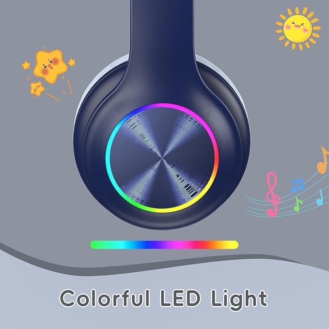 Kids Bluetooth 6.0 Headphones with LED Light, 85Hours Playtimes, Type-C Fast Charging, 85/94dB Volume Limited, Comfort Wireless Headphones with Built-in Mic, Wired & TF Card Mode, Navy Blue
