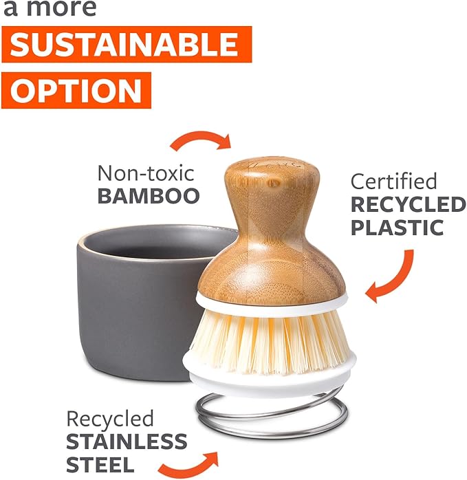Full Circle Bubble Up Bamboo Dish Brush & Ceramic Soap Dispenser-Family Safe, Formaldehyde-Free-Kitchen Scrub Brush for Dishes, Nonstick & Cast Iron,Gray