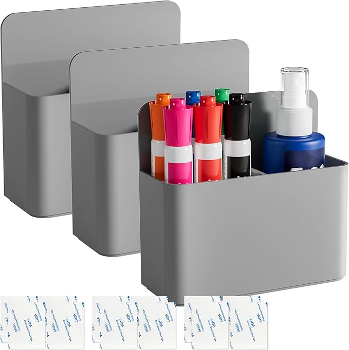 3 Pack Magnetic Pen Holder for Refrigerator, Adjustable Dry Erase Marker Holder for Whiteboard, Locker Pen Holder Magnetic, Adhesive Pencil Cup, Home Office School (Gray)