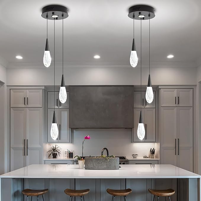 3-Lights Crystal Pendant Light Kitchen Islan Black Hanging Chandelier Teardrop Crystal Pendant Light Fixture for Dining Room, Living Room,Kitchen lsland, Foyer
